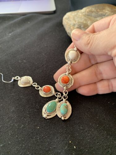 Navajo Spiny, Turquoise & Howlite Dangle Earrings | Sterling Silver | Authentic Native American Handmade | 1570