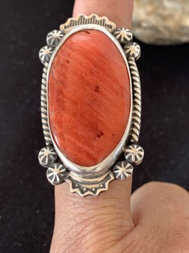 Southwestern Women's Navajo Red Spiny Oyster Ring | Sterling Silver | Sz 8 | 1003