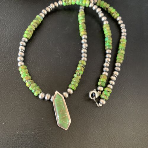 Navajo Green Gaspeite Turquoise Inlay Pendant | Sterling Silver | Authentic Native American Handmade | 13269