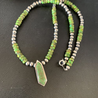 Navajo Green Gaspeite Turquoise Inlay Pendant | Sterling Silver | Authentic Native American Handmade | 13269