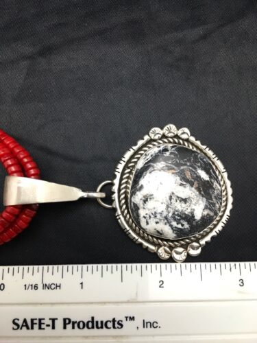 Navajo White Buffalo Turquoise Pendant with Coral | 4-Strand Silver Necklace | Authentic Native American Handmade | 3848