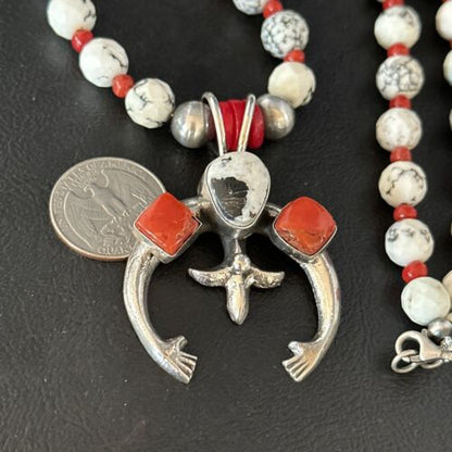 Navajo White Buffalo Turquoise Coral Naja Pendant Necklace | Sterling Silver | 24" | 14687