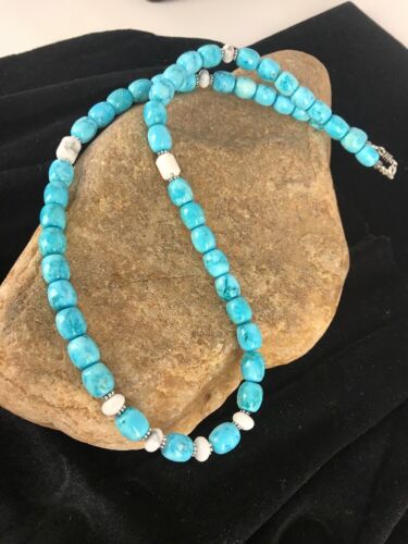 Navajo Blue Turquoise & Howlite Necklace | Sterling Silver | 21" | Authentic Native American Handmade | 3395 - Masha USA