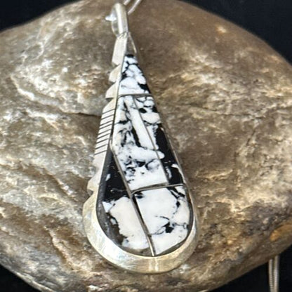 Navajo White Buffalo Turquoise Necklace | Inlay Pendant | Sterling Silver | Authentic Native American Handmade | 14246