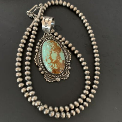Navajo Pearls Sterling Silver Necklace with Blue Turquoise #8 Pendant | Authentic Native American Handmade | 11298