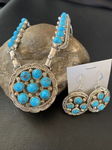 Navajo Blue Kingman Turquoise Necklace & Earrings Set | Sterling Silver | Authentic Native American Handmade | 2113