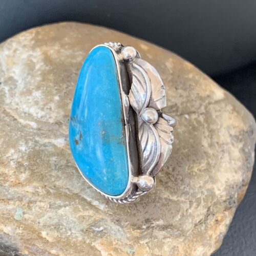 Navajo Blue Kingman Turquoise Ring | Sterling Silver Feather | Sz 7.5 | Authentic Native American Handmade | 10851