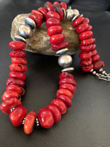 Navajo Red Coral Bead Necklace | Sterling Silver | 20" | Authentic Native American Handmade | 13375