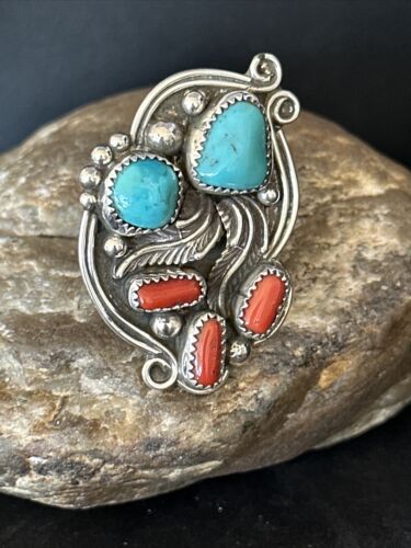 Navajo Blue Kingman Turquoise Coral Ring | Authentic Native American Sterling Silver | Multi-Stone | Sz 9.5 | 14499