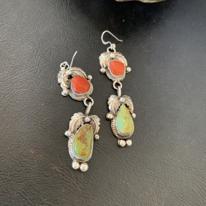 Navajo Green Royston Turquoise & Red Coral Dangle Earrings | Sterling Silver | Native American Handmade | 12354
