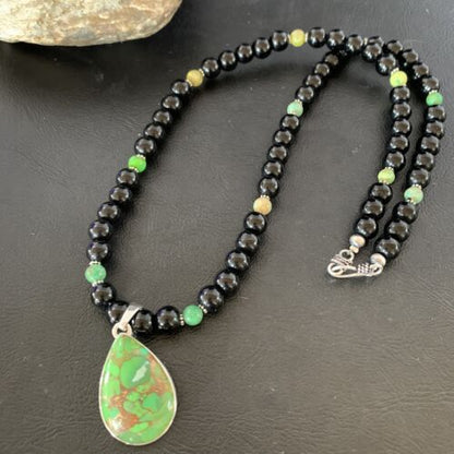 Navajo Pearls Onyx Mojave Turquoise Pendant Necklace | Sterling Silver | Authentic Native American Handmade | 10346