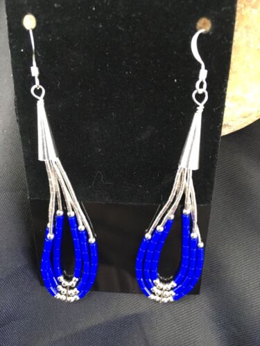 Native American Handmade Sterling Silver Heishi Dangle Earrings Set | Blue Lapis | 2" | 1961