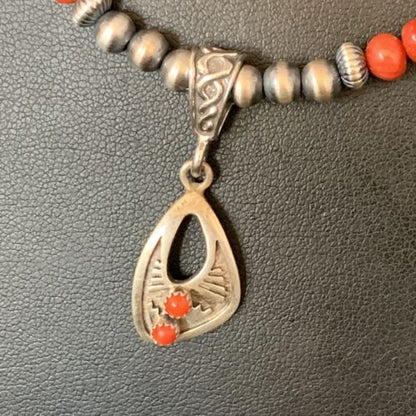Native American Navajo Red Coral Pendant Necklace | Sterling Silver | 13842