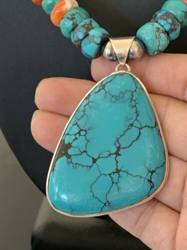 Navajo Pearls Spiderweb Spiny Oyster Turquoise Necklace Pendant | Sterling Silver | Southwestern Native American | 00833