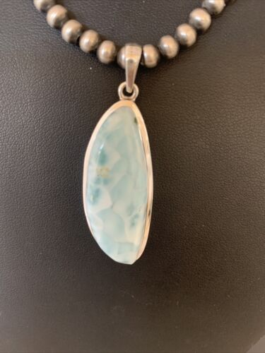 Navajo Blue Larimar Pendant Bead Necklace | Sterling Silver | Authentic Native American Handmade | 1761