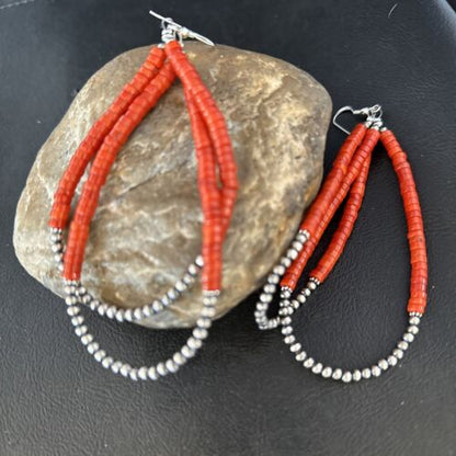 Southwestern Coral Heishi Bead Earrings | Sterling Silver | 3.5" | 14425