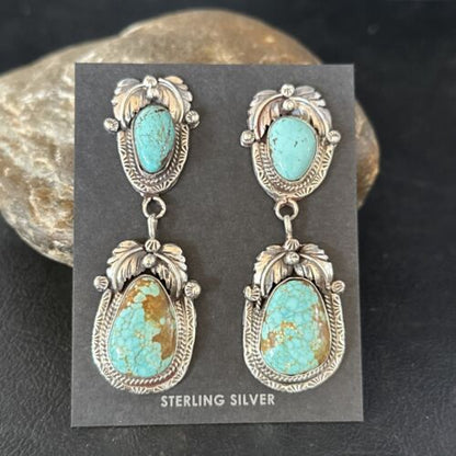 Navajo Blue #8 Turquoise Dangle Earrings | Sterling Silver | Authentic Native American Handmade | 14338