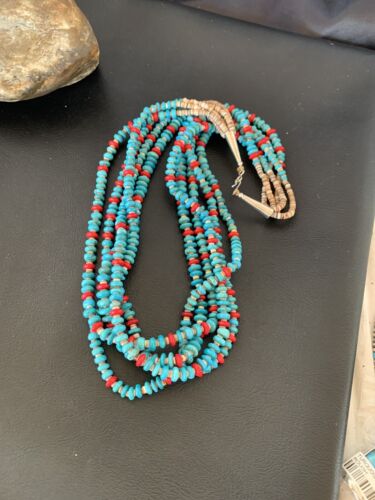 Southwestern Santo Domingo Coral Spiny Blue Turquoise Necklace | 5 Strand | 22" | 12049