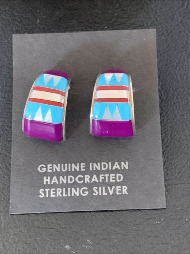 Navajo Multi-Color Turquoise Sugilite Inlay Earrings | Sterling Silver | 0.50" | 12998