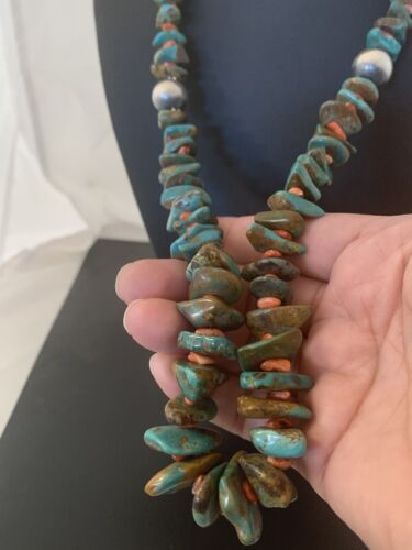 Navajo Green Turquoise & Spiny Oyster  Necklace | Sterling Silver | 26" Graduated | Authentic Native American | 00609