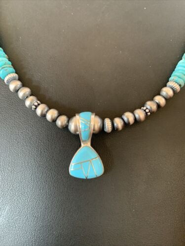Navajo Pearl Necklace with Blue Turquoise Inlay Pendant | Sterling Silver | Authentic Native American Handmade | 12500