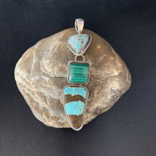 Navajo Pearls Necklace Pendant | Sterling Silver | Blue Turquoise #8 Malachite | Native American Handmade | 13500