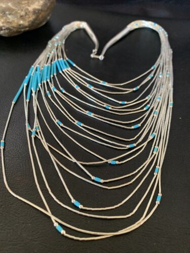 Turquoise Liquid Silver Heishi Necklace | 20 Strand Sterling Tube Pendant | Native American Handmade | 12296
