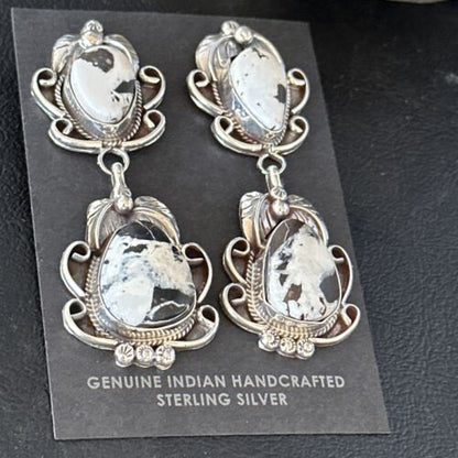 Navajo White Buffalo Turquoise Dangle Earrings | Sterling Silver | 2.5" | Authentic Native American Handmade | 14738