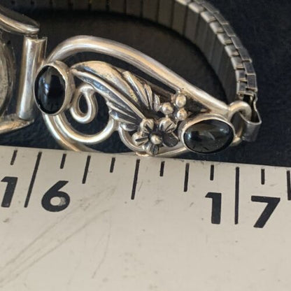 Authentic Navajo Sterling Silver Watch Tips with Black Onyx Band | Women's Feather Design | Native American Jewelry | 14042