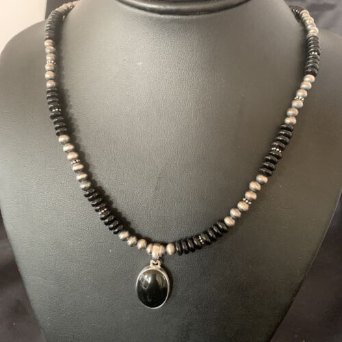 Native American Men's Navajo Pearl Necklace Pendant | Sterling Silver Black Onyx | 11905