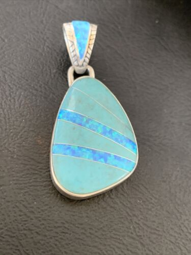 Men's Women's Navajo Blue Turquoise Opal Inlay Pendant | Sterling Silver | Authentic Native American Handmade | 12488