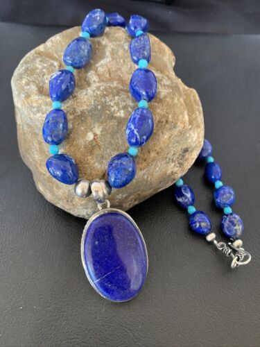 Navajo Blue Lapis Turquoise Pendant Necklace | Sterling Silver | 20" | Authentic Native American Handmade | 10522