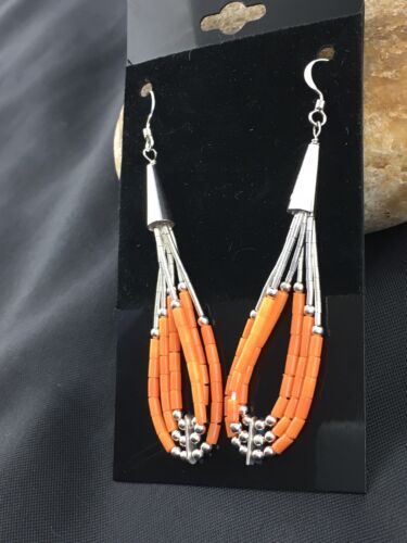 Native American Liquid Silver Heishi Dangle Earrings | Orange Coral | Sterling Silver | 2" | 2033