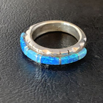 Navajo Blue Opal Inlay Ring | Sterling Silver | Sz 9 | Authentic Native American Handmade | Yazzie | 13533