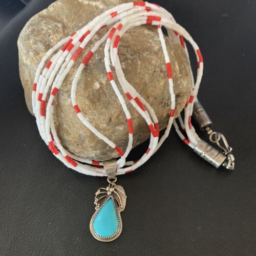 Navajo Red White Coral Turquoise Pendant | Sterling Silver Necklace 18" | Multi-Strand | 12056