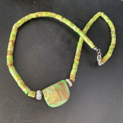 Navajo Green Gaspeite Turquoise Pendant | Sterling Silver | Authentic Native American Handmade | 13912