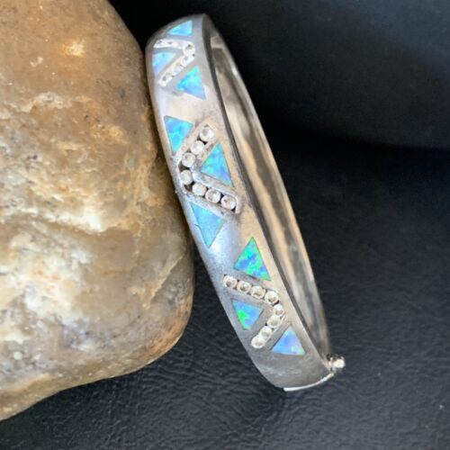 Navajo Blue Fire Opal Inlay Bracelet | Sterling Silver | 7" | Authentic Native American Handmade | 13126