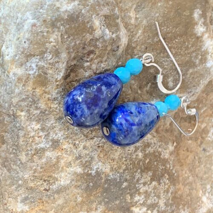 Navajo Lapis Lazuli Turquoise Bead Dangle Earrings | Sterling Silver | Authentic Native American Handmade | 1541