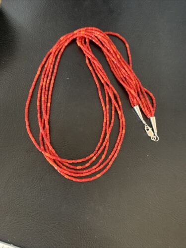 Natural Red Coral Rice Heishi Beads Necklace | 5 Strand | Sterling Silver | 20" | 12927