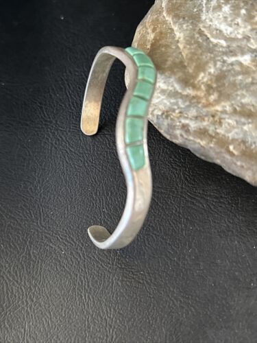 Southwestern Old Pawn Blue Turquoise Inlay Bracelet | Sterling Silver | Authentic Native American Handmade | 14531