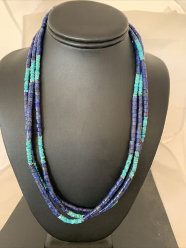 Native Navajo Sterling Silver Lapis & Turquoise 3 Strand Necklace 21” 1011