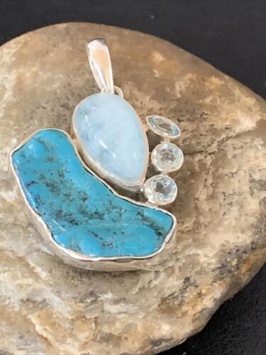 Navajo Blue Topaz Turquoise Pendant | Sterling Silver | 2" | Authentic Native American Handmade | 10832