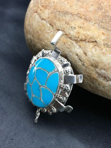 Southwestern Turquoise Zuni Turtle Pin Pendant | Sterling Silver | Native American Handmade | 2806