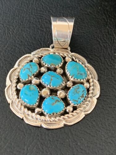 Navajo Kingman Blue Turquoise Cluster Pendant | Authentic Native American Sterling Silver | Multi-Stone | 2" | 2093