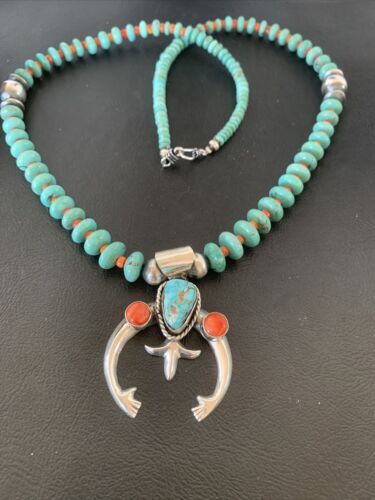Navajo Pearls Sterling Silver Necklace | Blue Turquoise & Spiny Oyster Naja Pendant | Authentic Native American Handmade | 02059