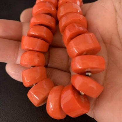 Navajo Orange Bamboo Coral Bead Necklace | 16mm | Sterling Silver | 17" | Authentic Native American Handmade | 13524