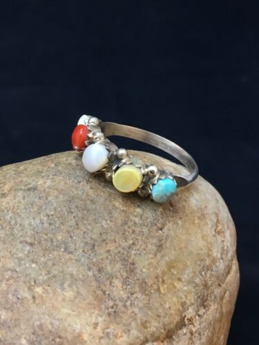 Southwestern Zuni Multi-Stone Ring | Blue Opal Coral Turquoise | Authentic Native American Sterling Silver | Multi-Stone | Sz 5.5 | 9000