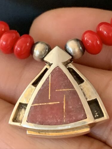 Navajo Pearls Necklace Pendant | Sterling Silver Onyx & Coral Inlay | Authentic Native American Handmade | 1930