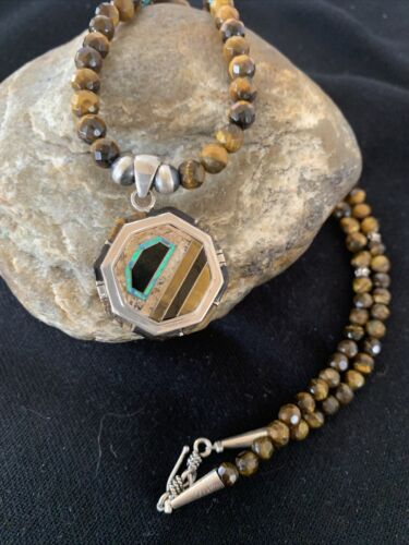 Navajo Tiger's Eye & Spiny Oyster Necklace | Sterling Silver Pearls | 20" | Inlay | Authentic Native American Handmade | 01459