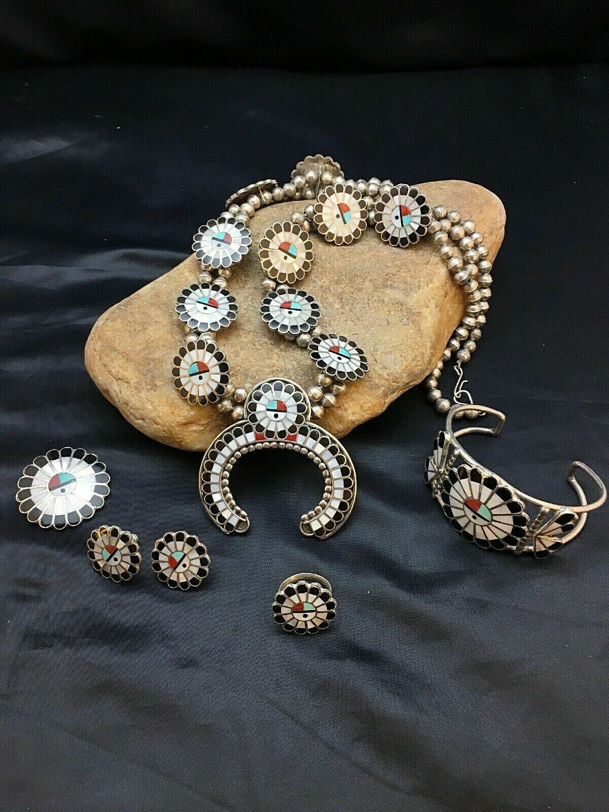 Zuni Native American Inlay Turquoise Squash Blossom Necklace Set | Sterling Silver | 2520